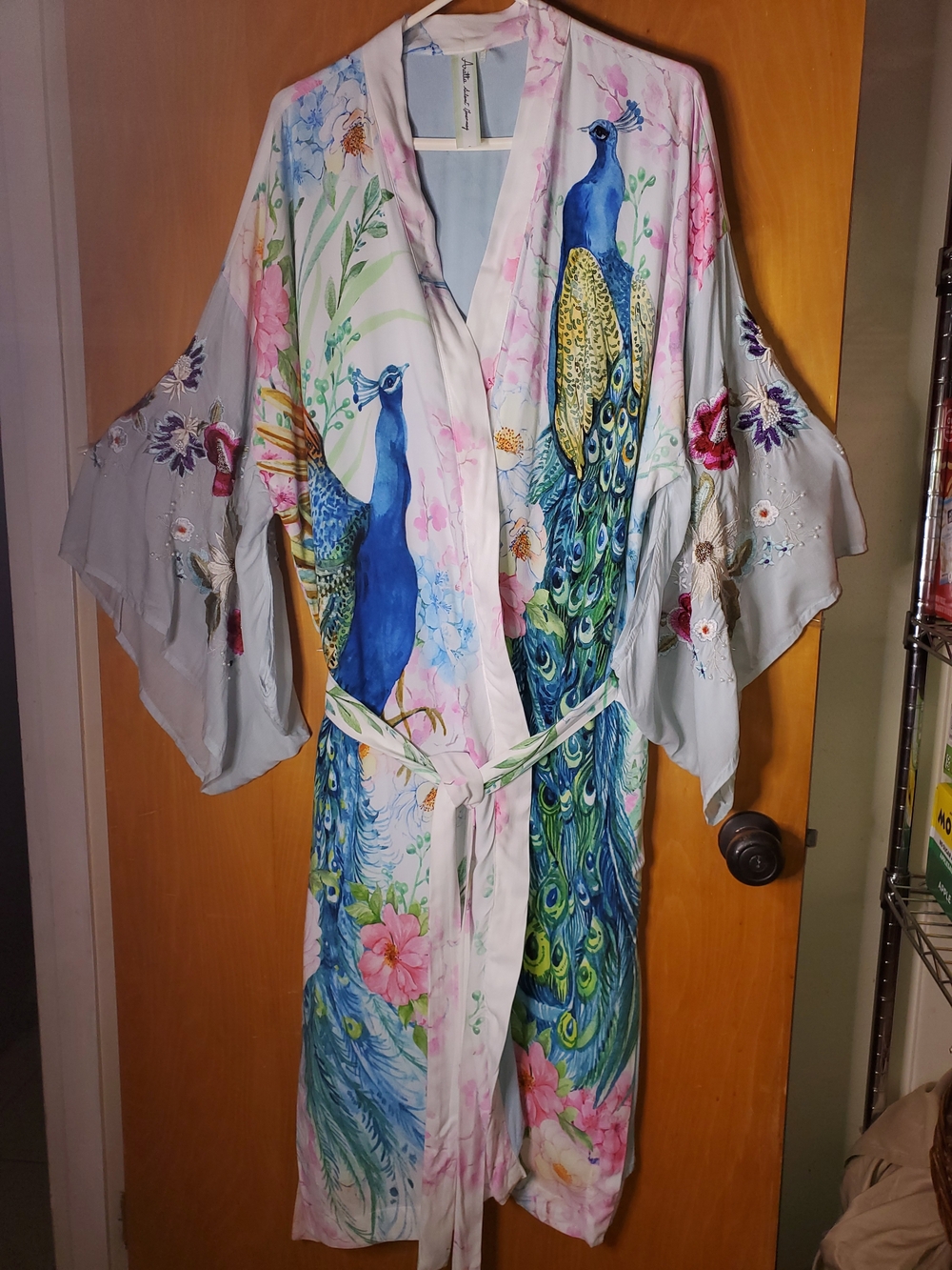 Aratta Satin Peacock Kimono Robe in Blue, Green, Pink - Picture 8 of 10